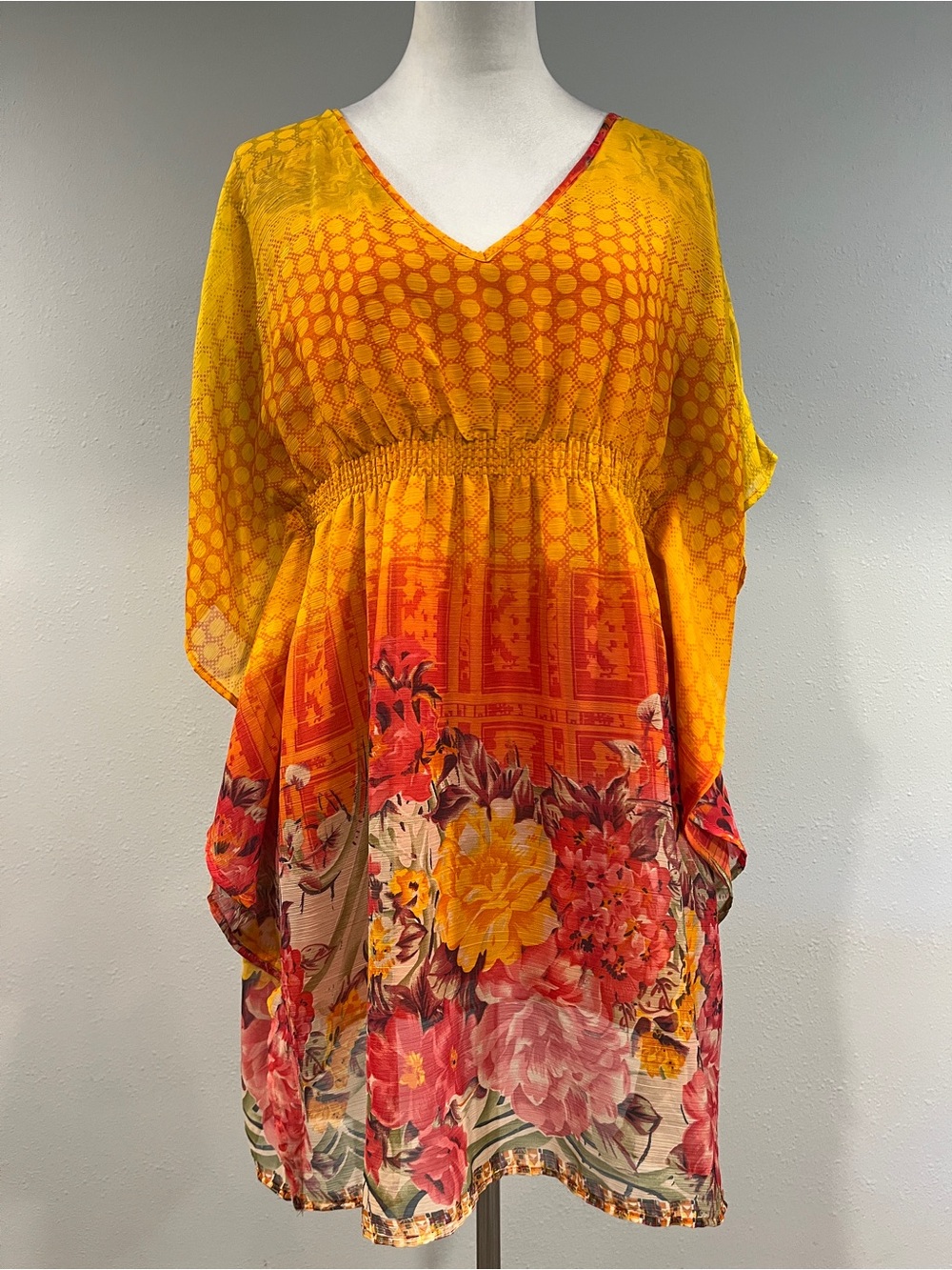 Vibrant Yellow Floral V-Neck Women’s mini Dress size medium